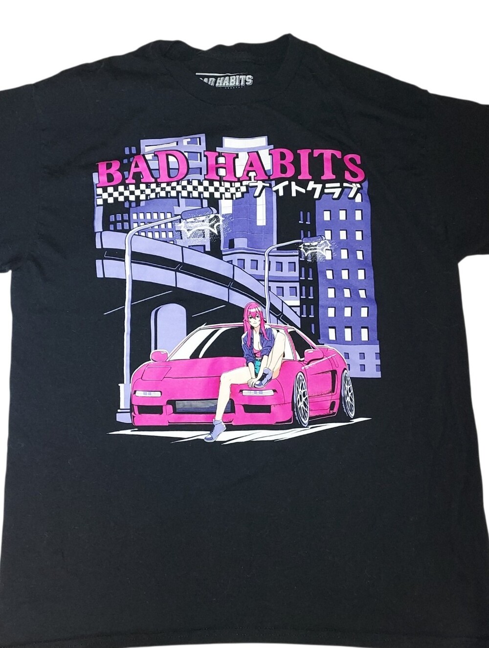 Bad Habits Graphic T Shirt Mens Large Japanese Anime JDM Pink Car Streetwear Tee